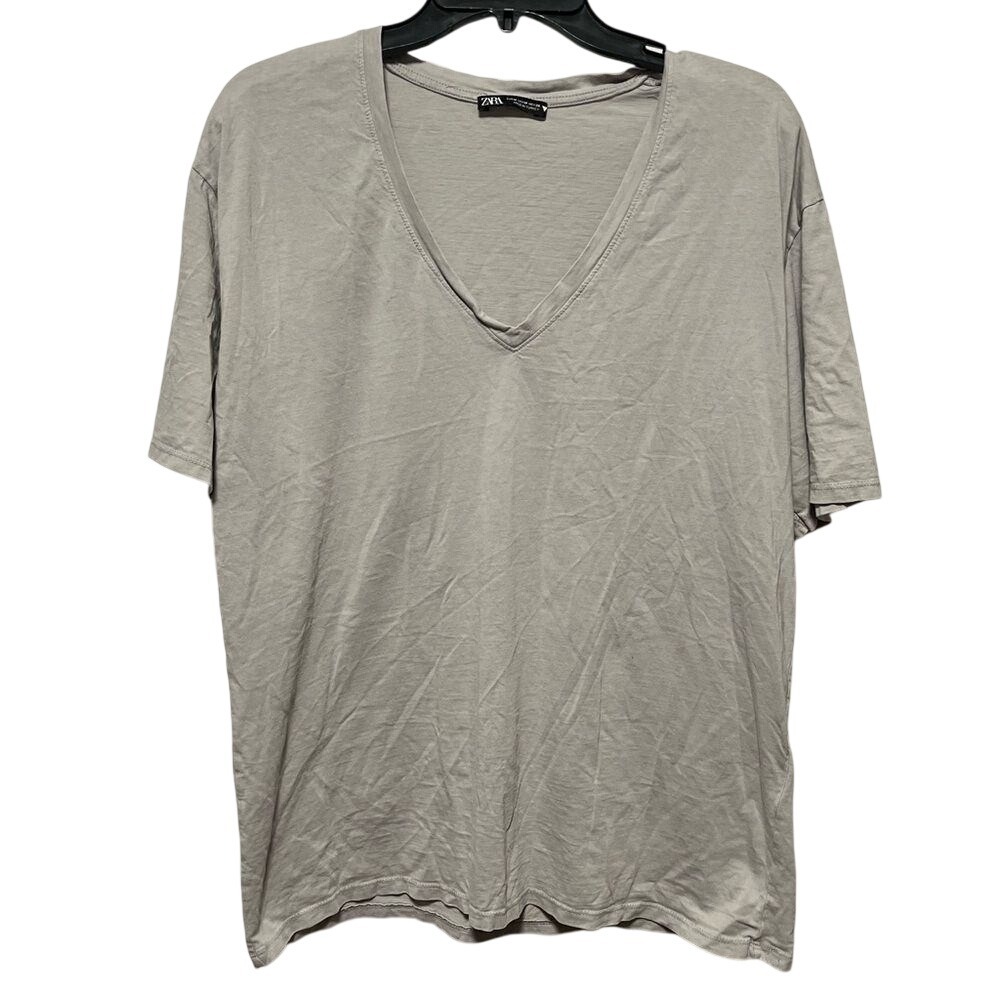 Zara Mens V-Neck T-Shirt Grey Stone Short Sleeve Cotton Top Size Medium 6050/346